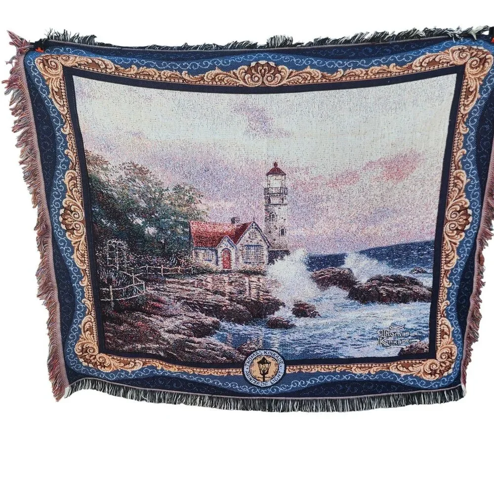 Thomas Kinkade Lighthouse Woven Throw Blanket 57x48 Painter of Light Fringe